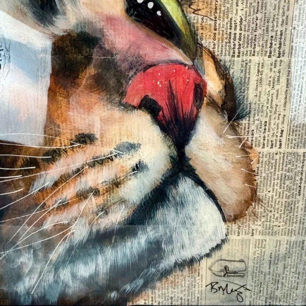 Cat Study Portrait Mixed Media Dictionary Paper Acrylic Resin Finish 12